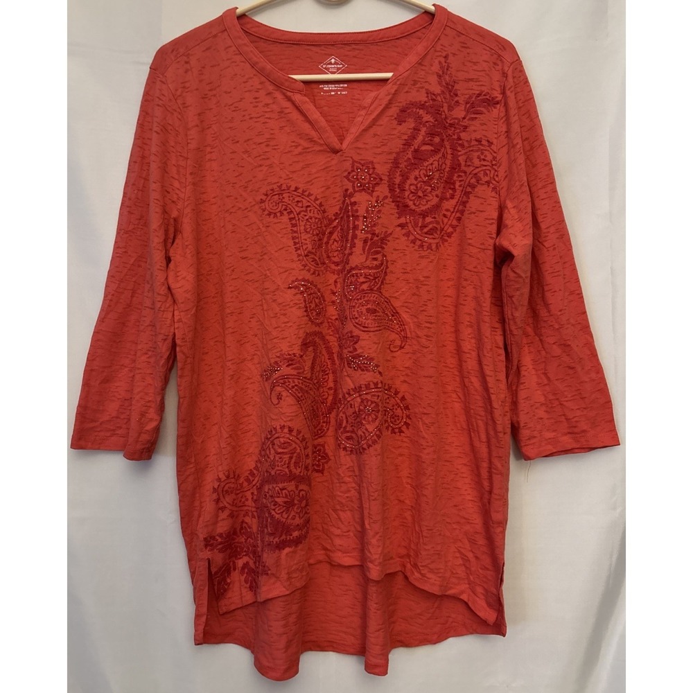 St. John's Bay Semi‎ Sheer pink/red V-neck Paisley Design Stone Large